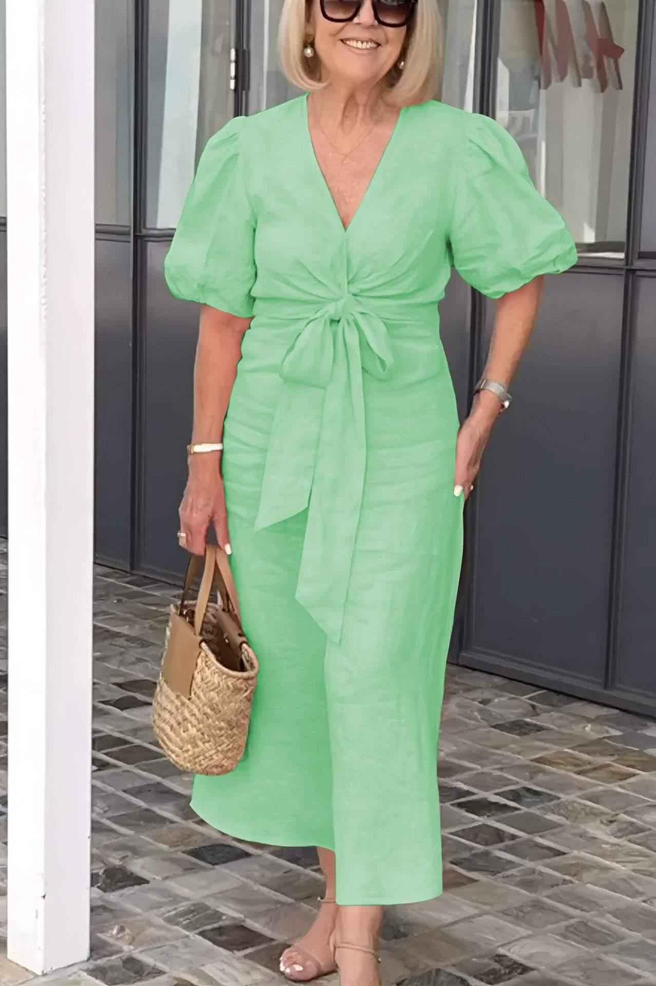 Women's V-neck Lace-up Cotton Dress with Puff Sleeves - GONZALES ONLINE SHOP