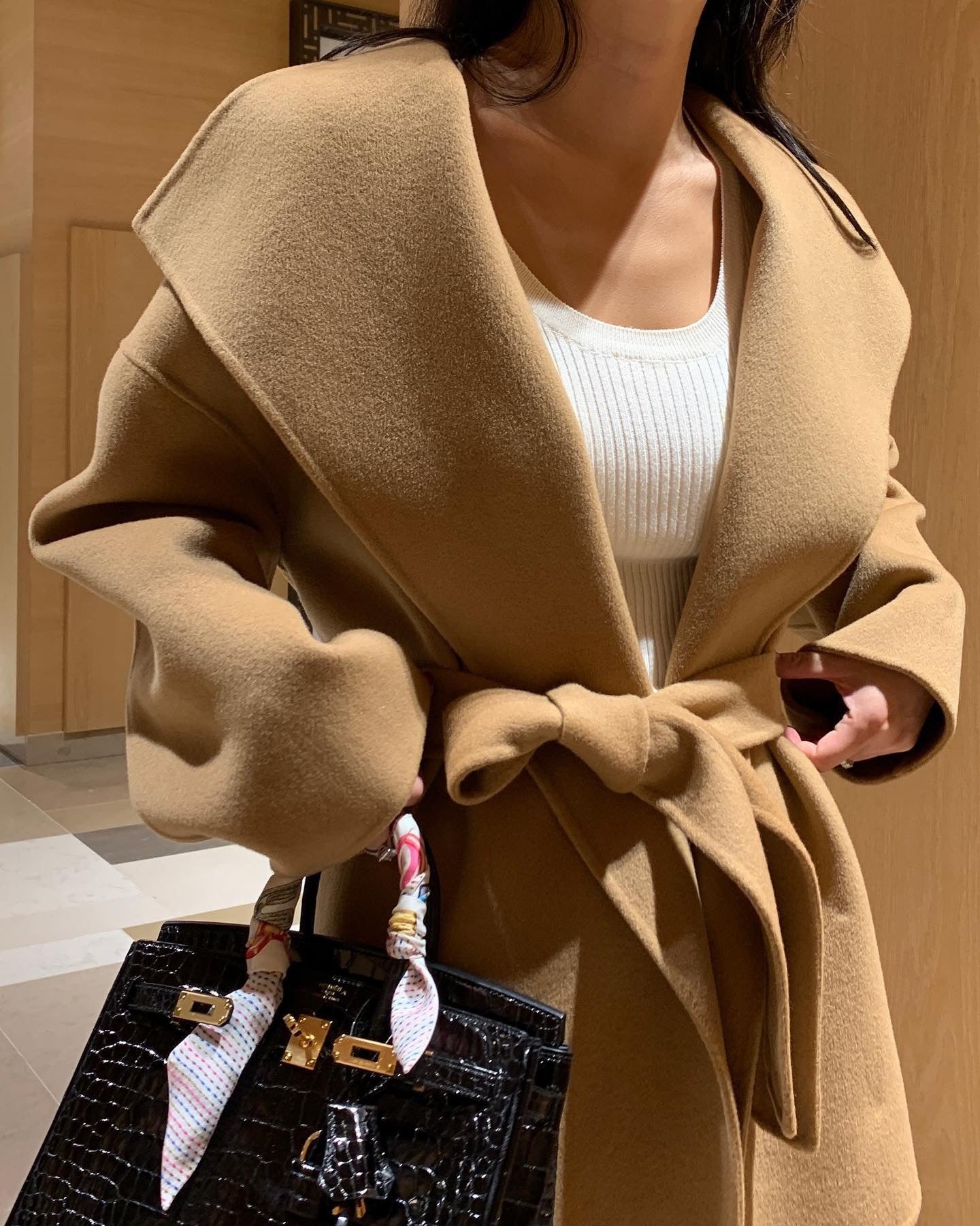 chic autumn and winter versatile and elegant large lapel tie, waist-cinching and slimming solid color long-sleeved woolen coat for women Hypersku