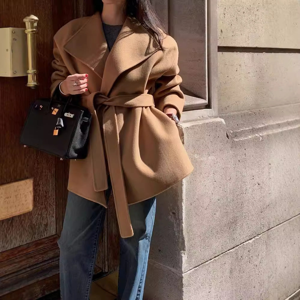 chic autumn and winter versatile and elegant large lapel tie, waist-cinching and slimming solid color long-sleeved woolen coat for women Hypersku