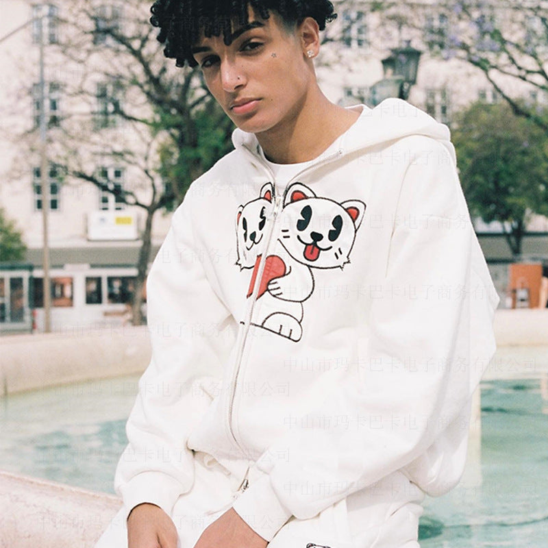 Autumn and winter monsoon cat print loose trendy cardigan with zipper hooded for men and women Hypersku