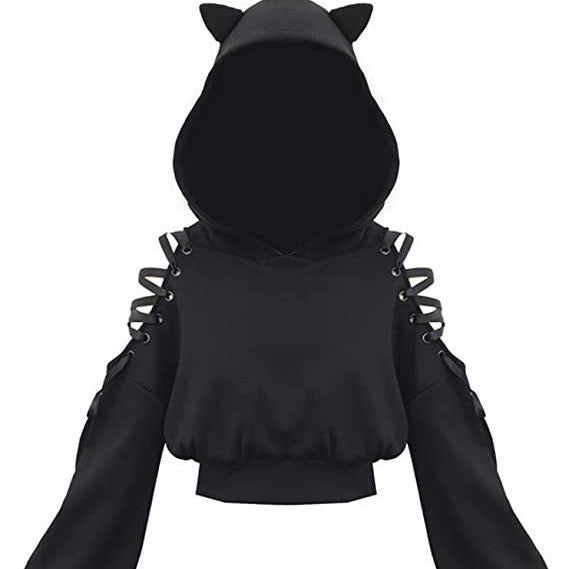 New cute cat y navel exposed hoodie with a hooded and hollowed-out shoulder top Hypersku
