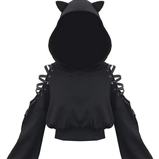 New cute cat y navel exposed hoodie with a hooded and hollowed-out shoulder top Hypersku