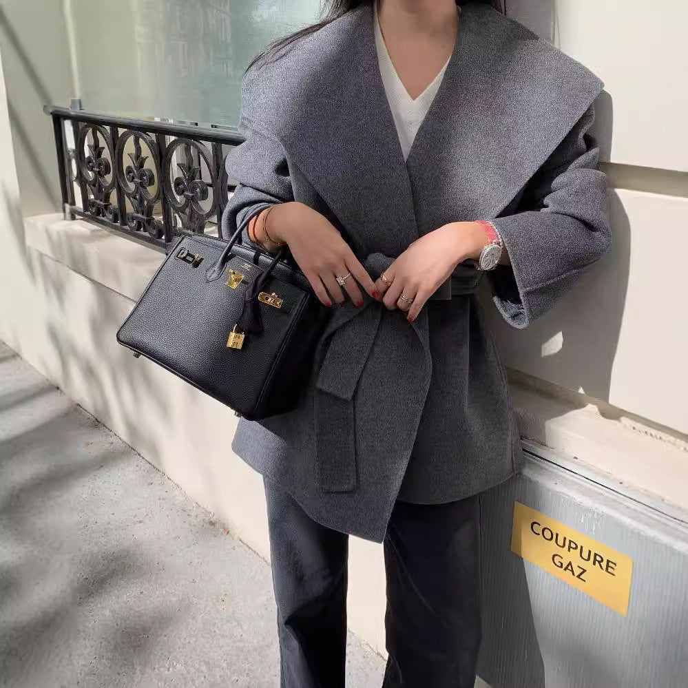 chic autumn and winter versatile and elegant large lapel tie, waist-cinching and slimming solid color long-sleeved woolen coat for women Hypersku