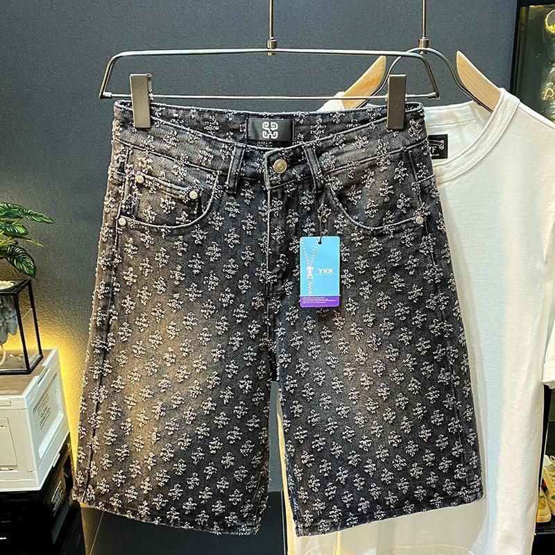 American denim shorts for men, loose, straight, perforated jacquard, high-end, 5-inch medium length pants Hypersku