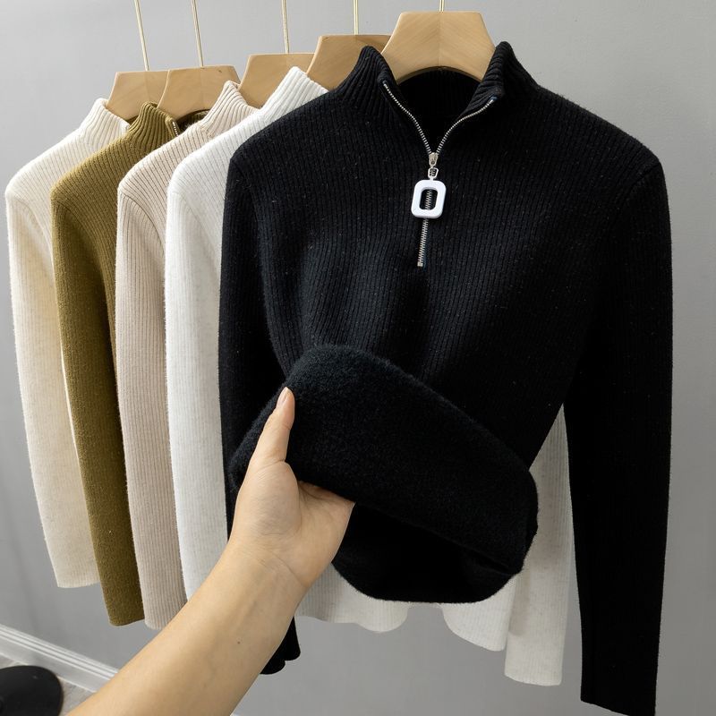 Semi-high-neck, fleece and thickened sweater for women, a one-piece fleece winter innerwear with warm zipper knitted base layer Hypersku