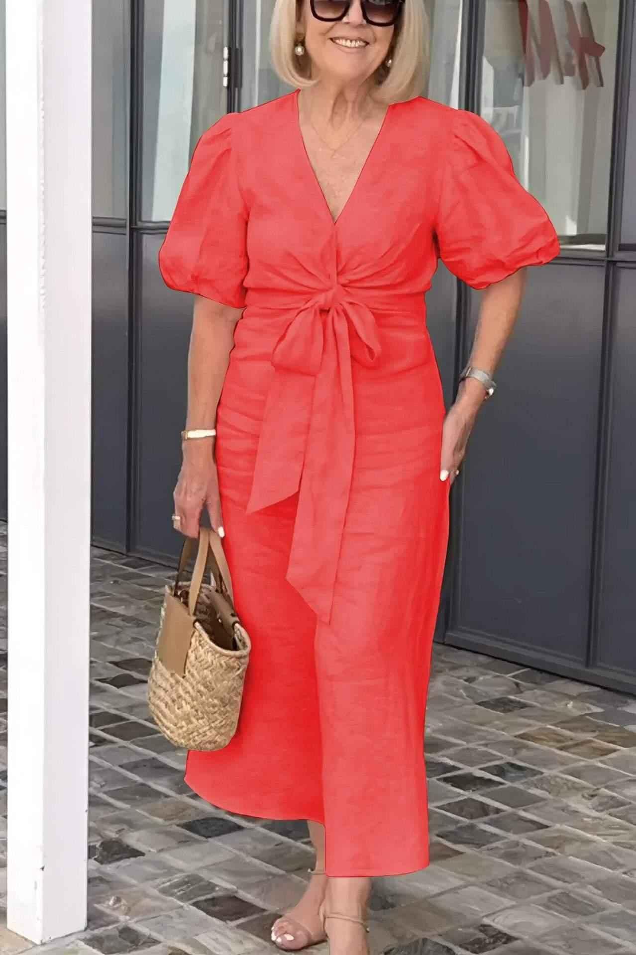 Women's V-neck Lace-up Cotton Dress with Puff Sleeves - GONZALES ONLINE SHOP