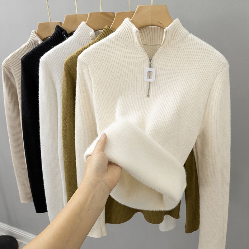 Semi-high-neck, fleece and thickened sweater for women, a one-piece fleece winter innerwear with warm zipper knitted base layer Hypersku
