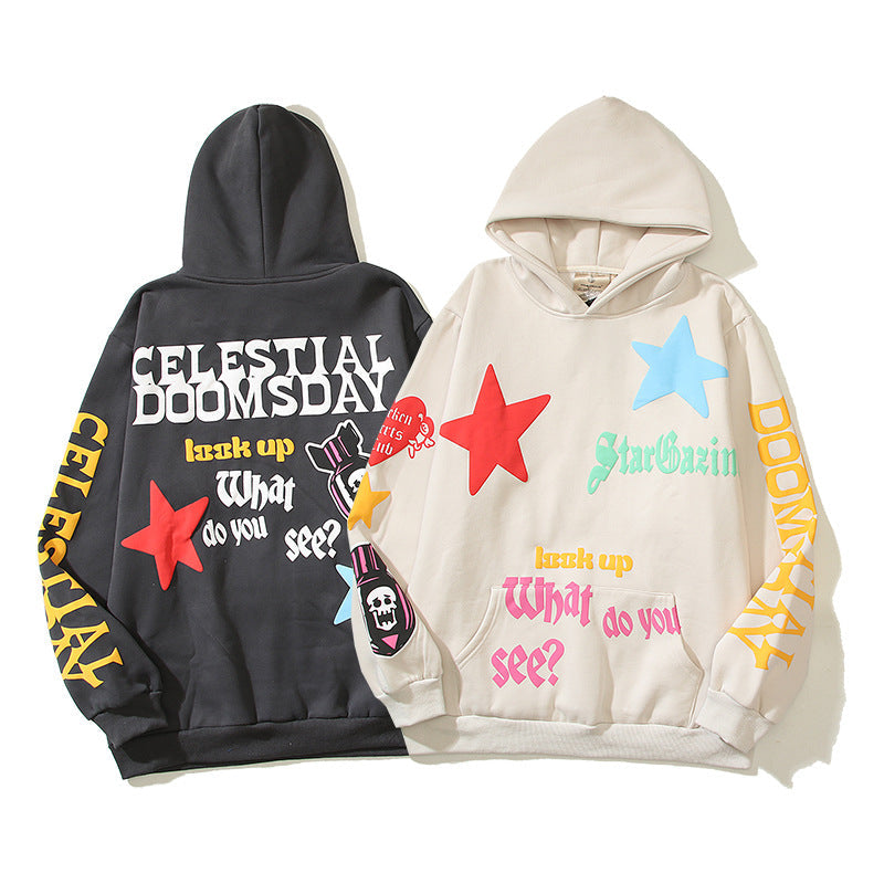 23SS American high street trendy graffiti star foam print loose casual hooded sweatshirt Hypersku