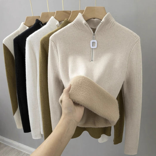 Semi-high-neck, fleece and thickened sweater for women, a one-piece fleece winter innerwear with warm zipper knitted base layer Hypersku