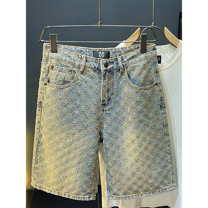 American denim shorts for men, loose, straight, perforated jacquard, high-end, 5-inch medium length pants Hypersku