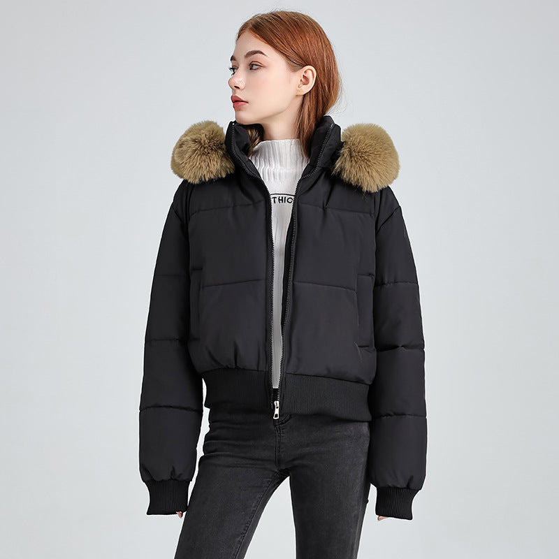 A short, thick and warm bread jacket with a hooded fur collar for women in winter Hypersku