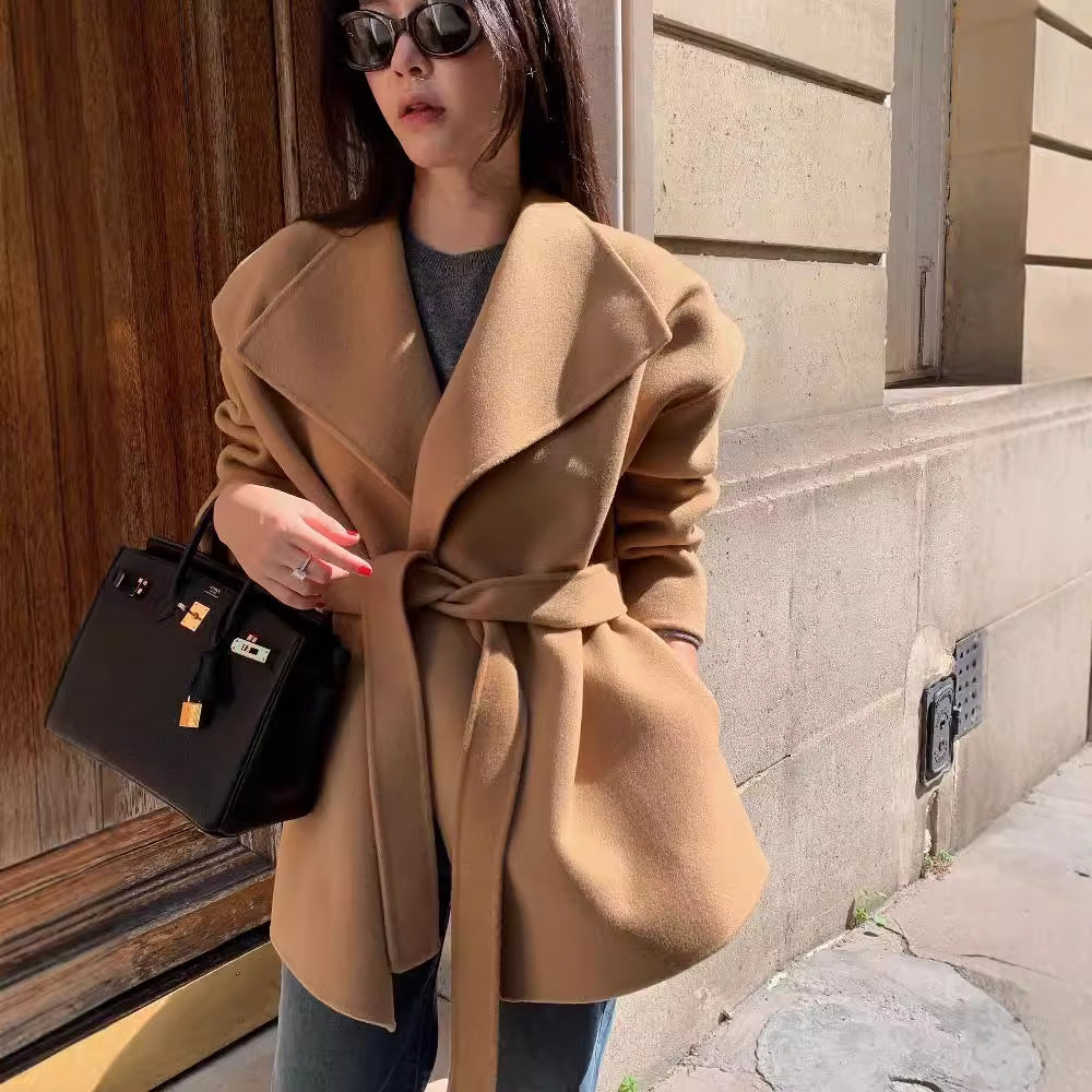 chic autumn and winter versatile and elegant large lapel tie, waist-cinching and slimming solid color long-sleeved woolen coat for women Hypersku