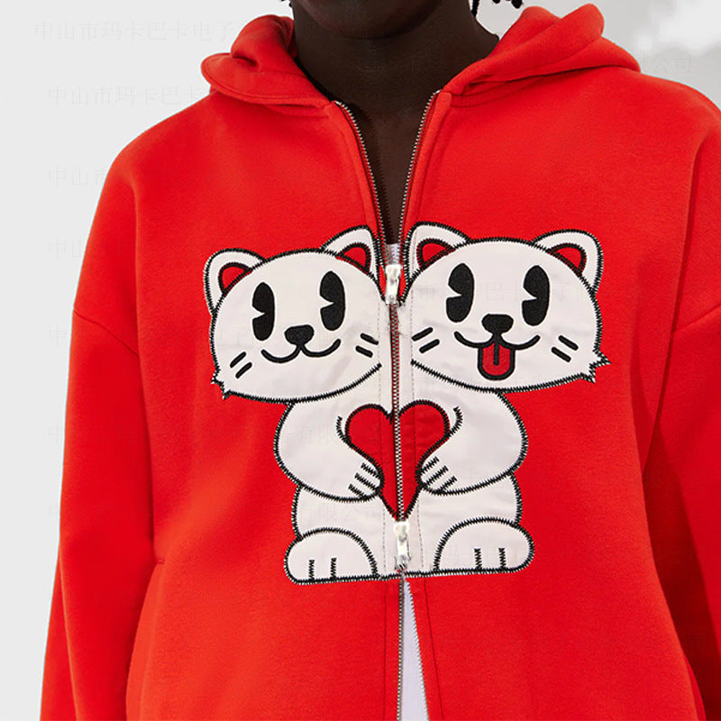 Autumn and winter monsoon cat print loose trendy cardigan with zipper hooded for men and women Hypersku