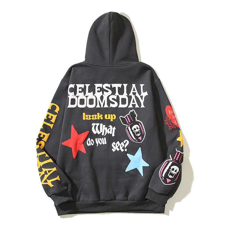 23SS American high street trendy graffiti star foam print loose casual hooded sweatshirt Hypersku