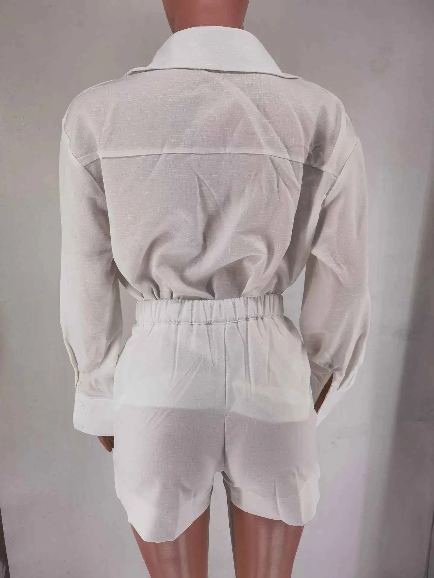 Women Long Sleeve 2 Pieces Sets Casual Simple Button Pockets Short Pant with Shirts Tops 2024 Summer Fashion Suit Female Outfits