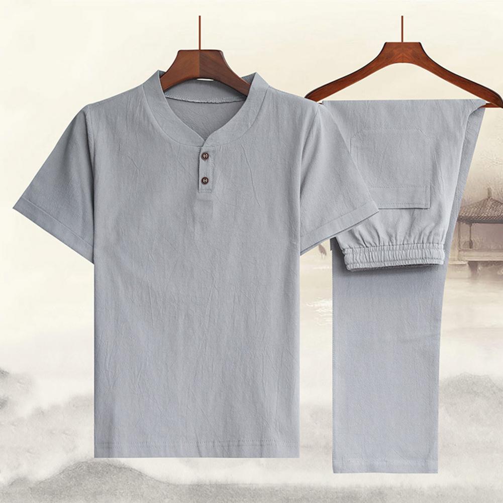 Men Casual Outfit Solid Color Homewear Chinoiserie Summer Two Piece Short Sleeve T Shirt Drawstring Pants Set Men Clothing Suit GONZALES ONLINE SHOP