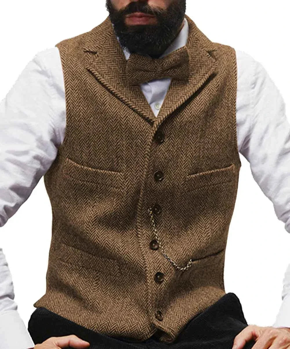 Men's Wool Tweed Vest Classic Brown Suit Waistcoat for Timeless Style - GONZALES ONLINE SHOP