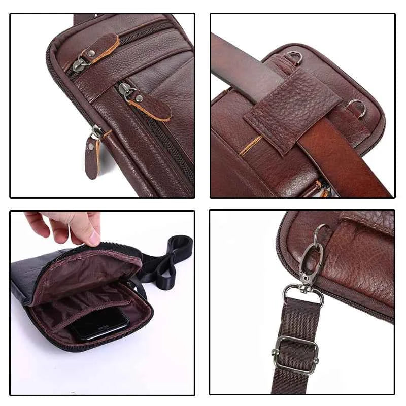 Leather Fashion Phone Pouch Belt Bag Shoulder Crossbody Waist Pack Vintage Outdoor Multi-function Mens Leisure Hanging Waist Bag