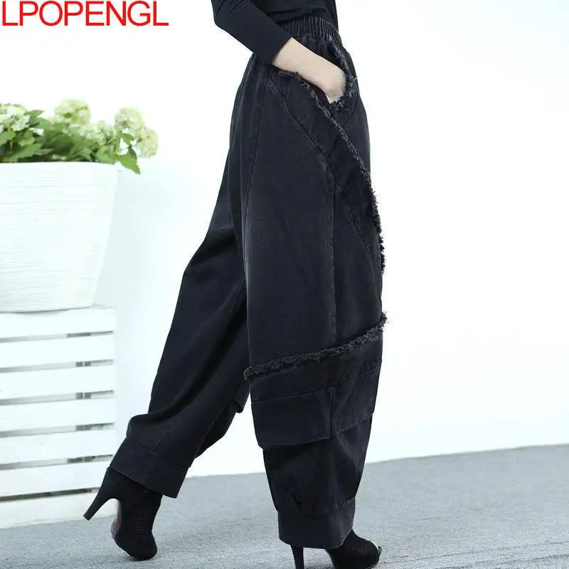 Black Wide-leg Jeans Harem Pants Loose Fashion Casual Full Length High Waist Patchwork Print Pocket Jeans Women Autumn Winter GONZALES ONLINE SHOP