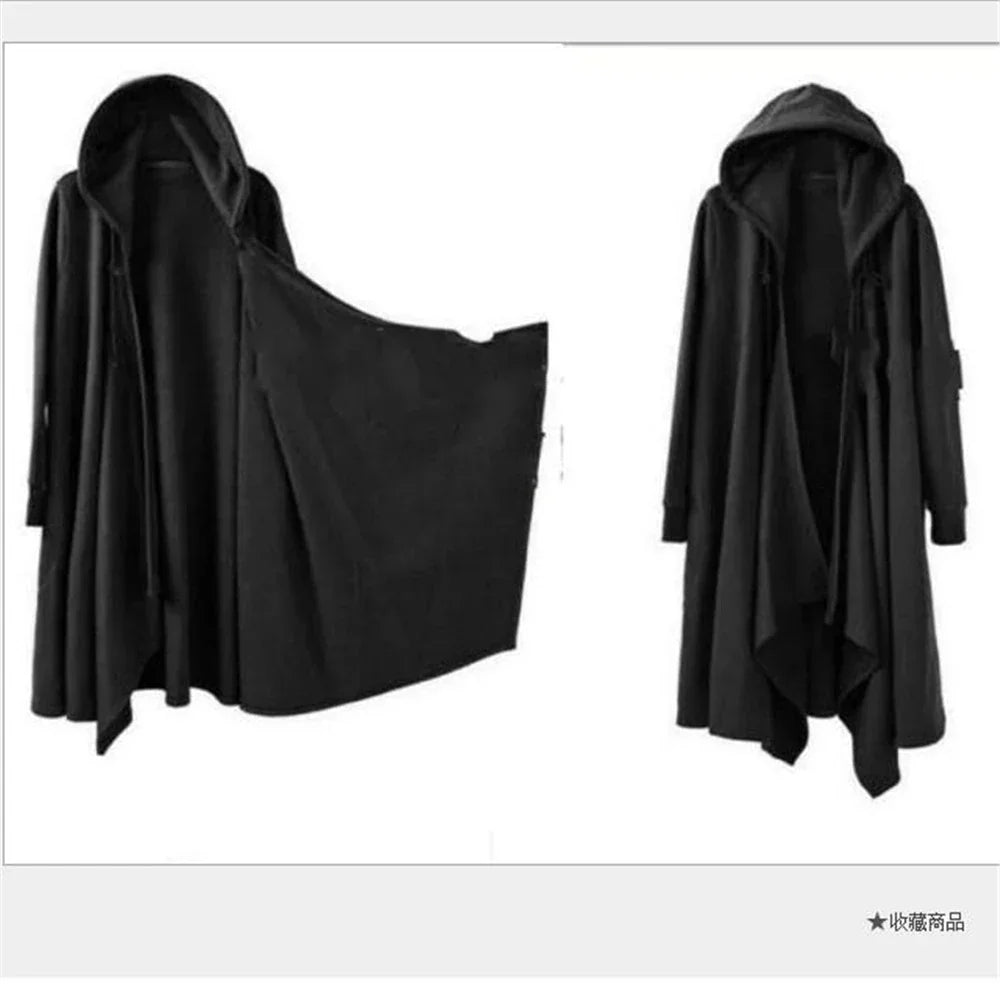 Spring Autumn Men Ribbons Patchwork Punk Hip Hop Long Trench Coat Hooded Cloak Men Black Techwear Vlevet Jacket Overcoat - GONZALES ONLINE SHOP