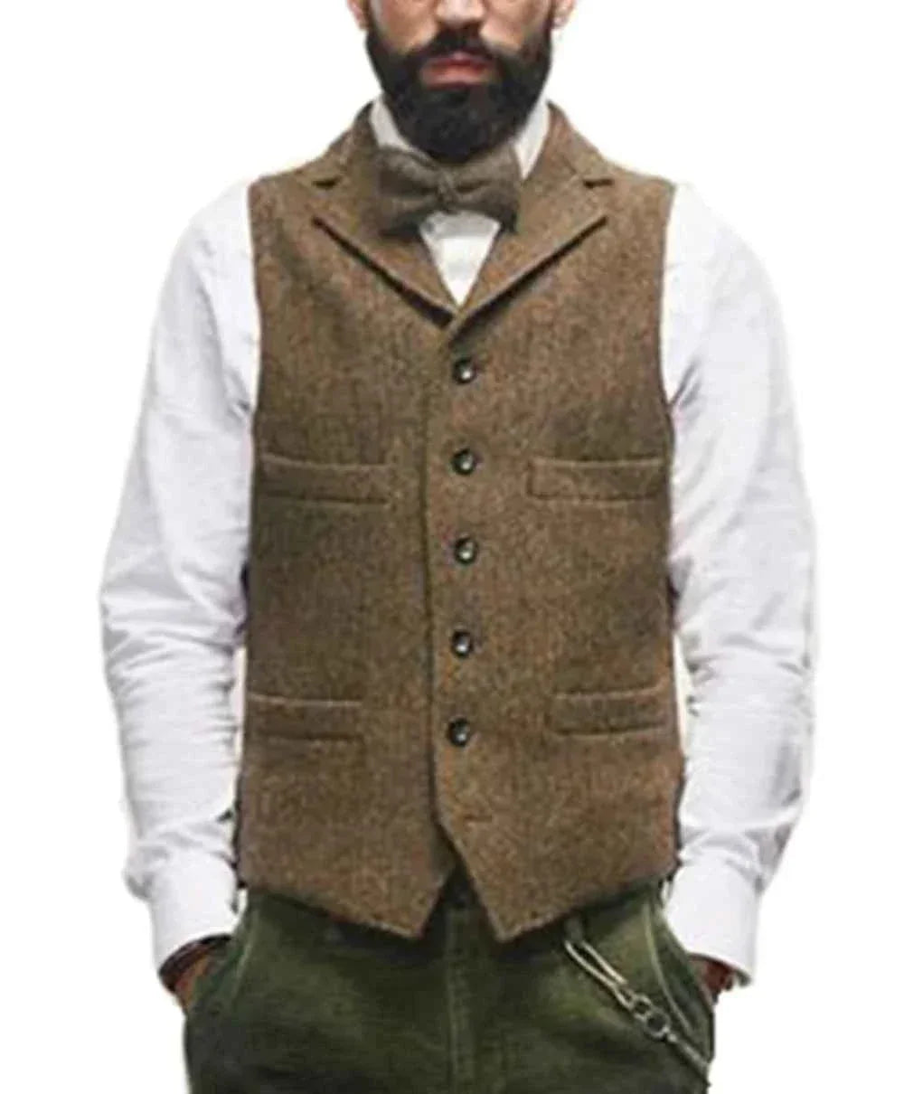Men's Wool Tweed Vest Classic Brown Suit Waistcoat for Timeless Style - GONZALES ONLINE SHOP