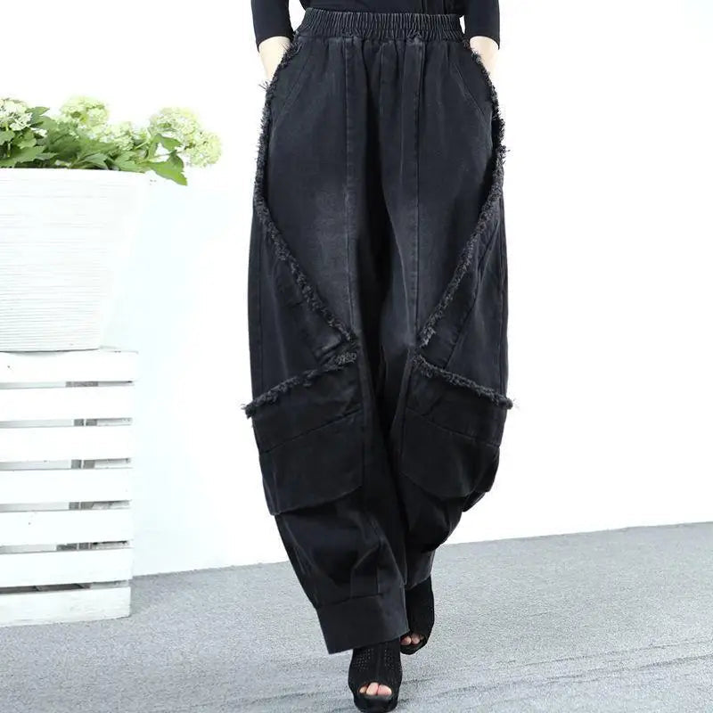 Black Wide-leg Jeans Harem Pants Loose Fashion Casual Full Length High Waist Patchwork Print Pocket Jeans Women Autumn Winter GONZALES ONLINE SHOP