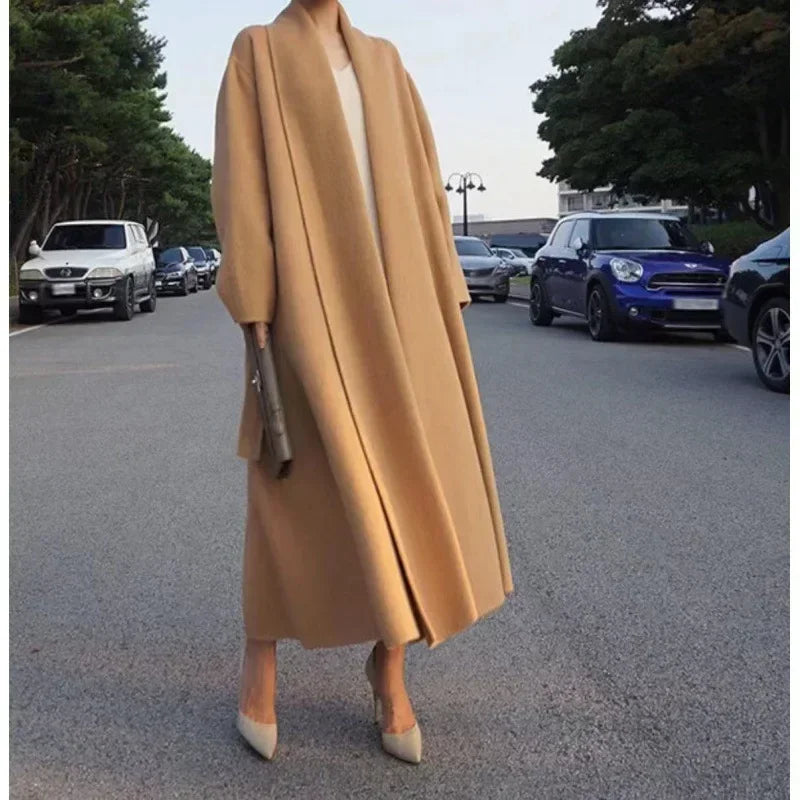 Elegant Korea Chic Woolen Coat for Women - Long Sleeve Loose White Overgarment for Autumn Winter 2023 - GONZALES ONLINE SHOP