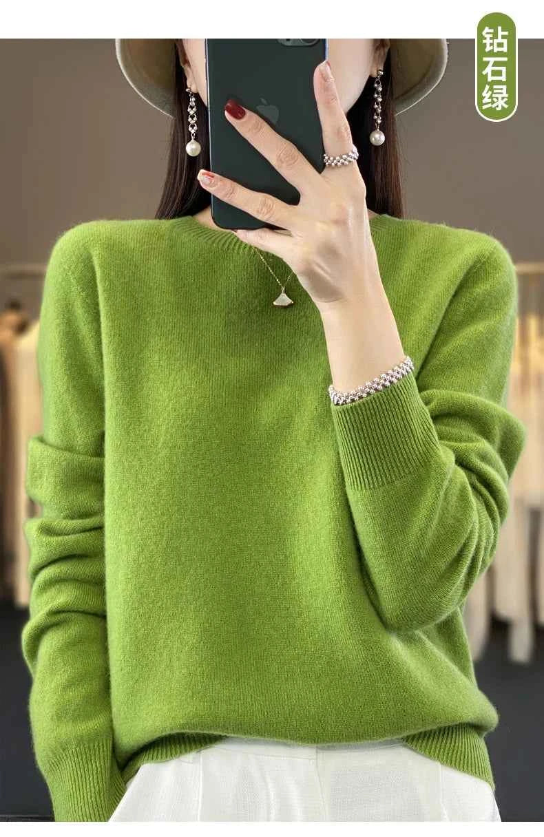 100% Merino Wool Sweater Women O-neck Cashmere Knitwear Female Pullover Autumn Winter Casual Tops Solid Color Soft Clothing
