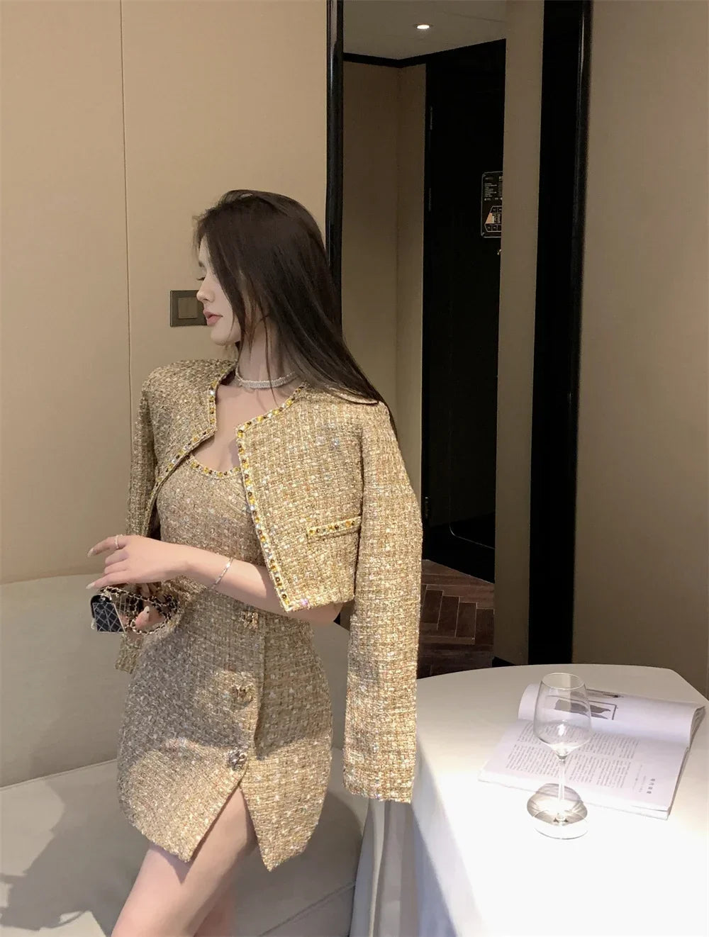 High Street French Small Fragrant Tweed Two Piece Set Women Woolen Jacket Coat + Dress Suits Autumn Winter Luxury 2 Piece Outfit - GONZALES ONLINE SHOP