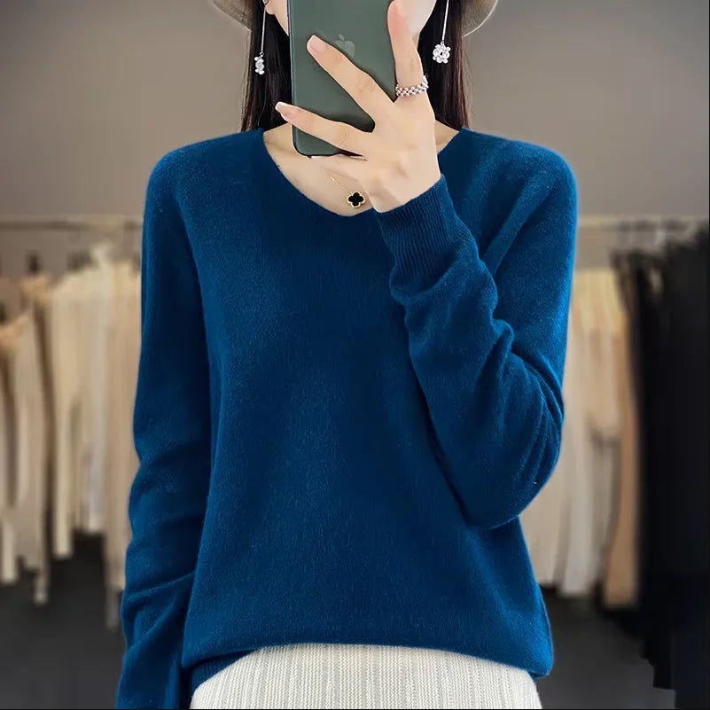 Women 100% Merino Wool Sweater V-Neck Basic Pullover Autumn Winter Cashmere Clothing Long Sleeve Soft Knitwear Tops Solid Color GONZALES ONLINE SHOP