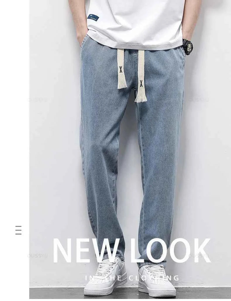 High Quality Fully Elastic Waist Men's Jeans Cotton Soft Drawstring Straight Pants Korea Casual Trousers Male Plus Size S-5XL