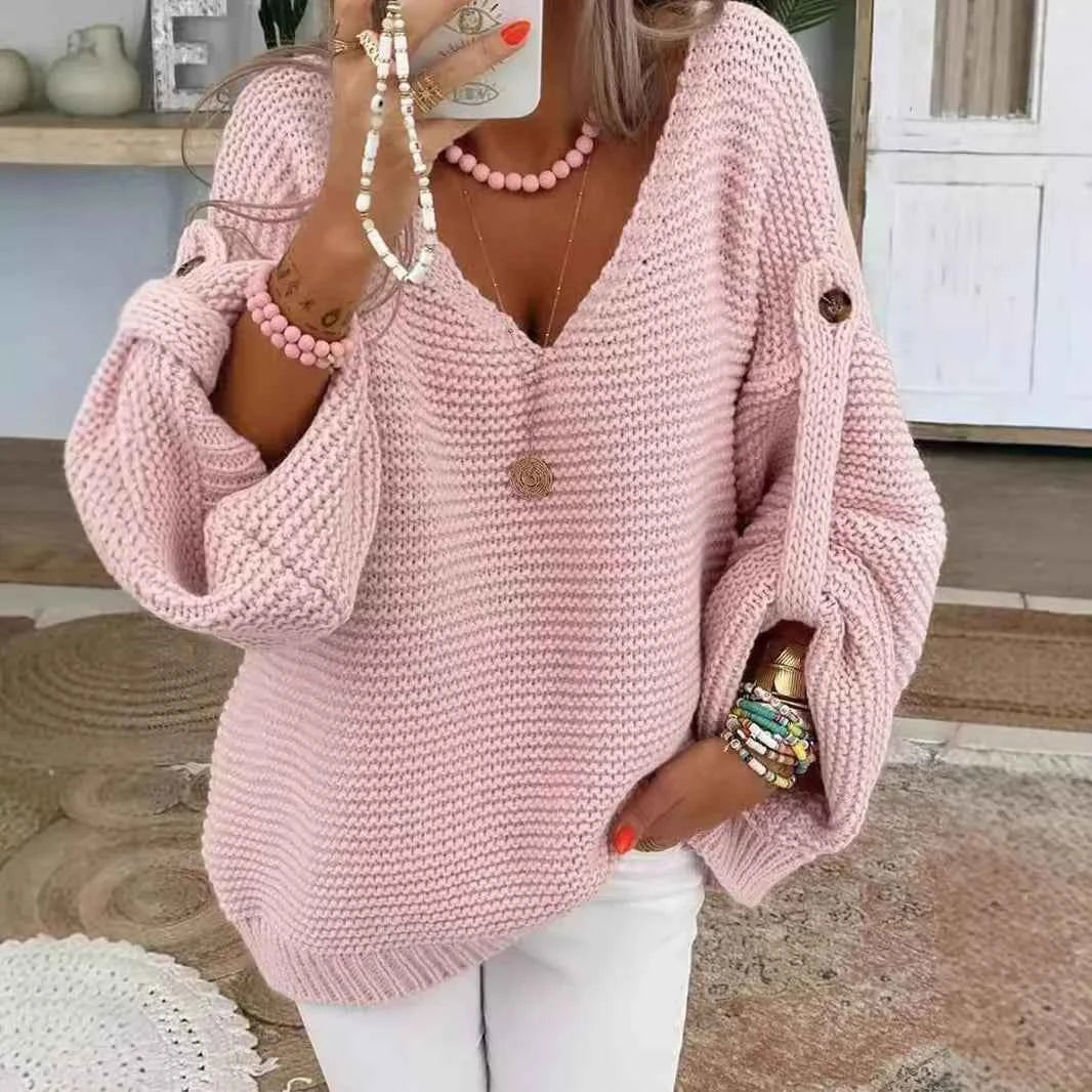 Casual Knitted V Neck Sweater Fall Winter Fashion Button Warm Commuter Jumper Elegant Solid Adjustable Long Sleeve Pullover