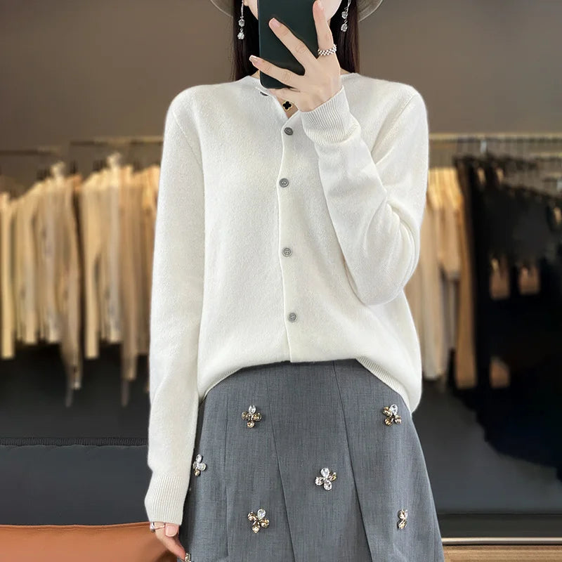 100% Merino Wool Sweater Women O-Neck Cardigan Basic Style Buttoned Knitwear Female Casual Autumn Winter Soft Tops GONZALES ONLINE SHOP