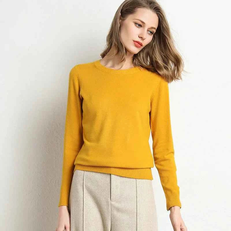 Women Slim O-Neck Solid Pullover Cashmere Wool Blending Sweater Autumn And Winter Long-Sleeved Knit Bottoming Shirt Large Size