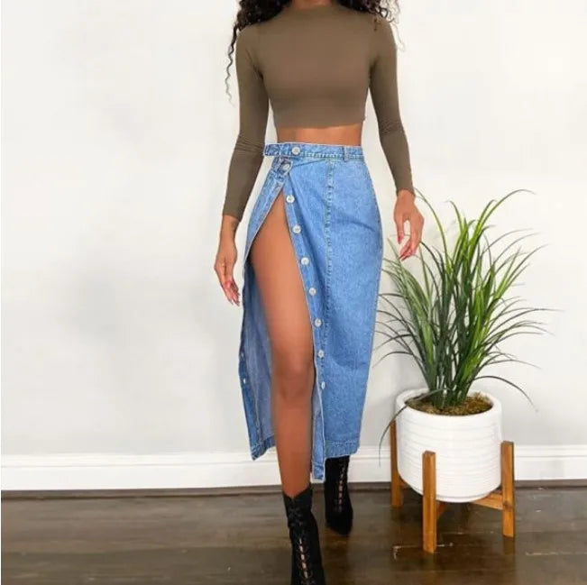 Casual Mid-Length Denim Skirt High Waist A-Line Skirt with Slit for Women Commute Pure Color Long Skirt with Button Detail GONZALES ONLINE SHOP