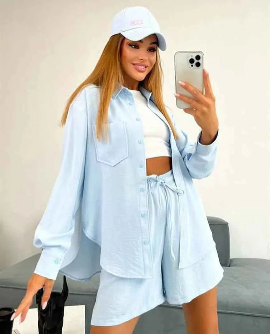 Three sisters 2025 New Summer Women's Solid Single breasted Long Sleeve Shirt Loose Fashion Casual Shorts Beach Wholesale suit