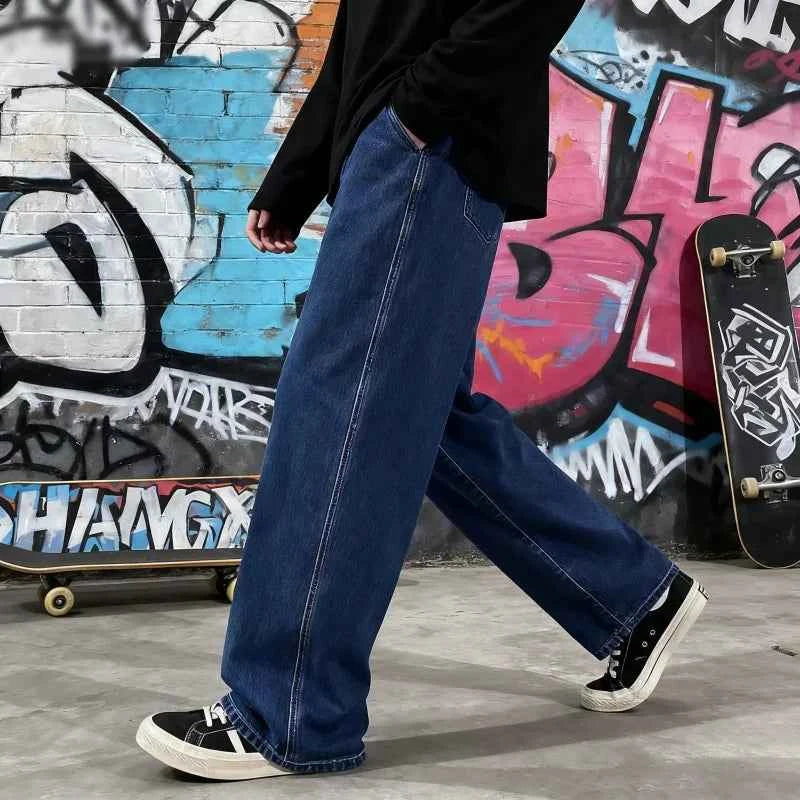 Light Wash Men's Drawstring Jeans Loose Straight Leg Floor-Length Trendy Casual Wide Leg Long Trousers Comfortable Fit