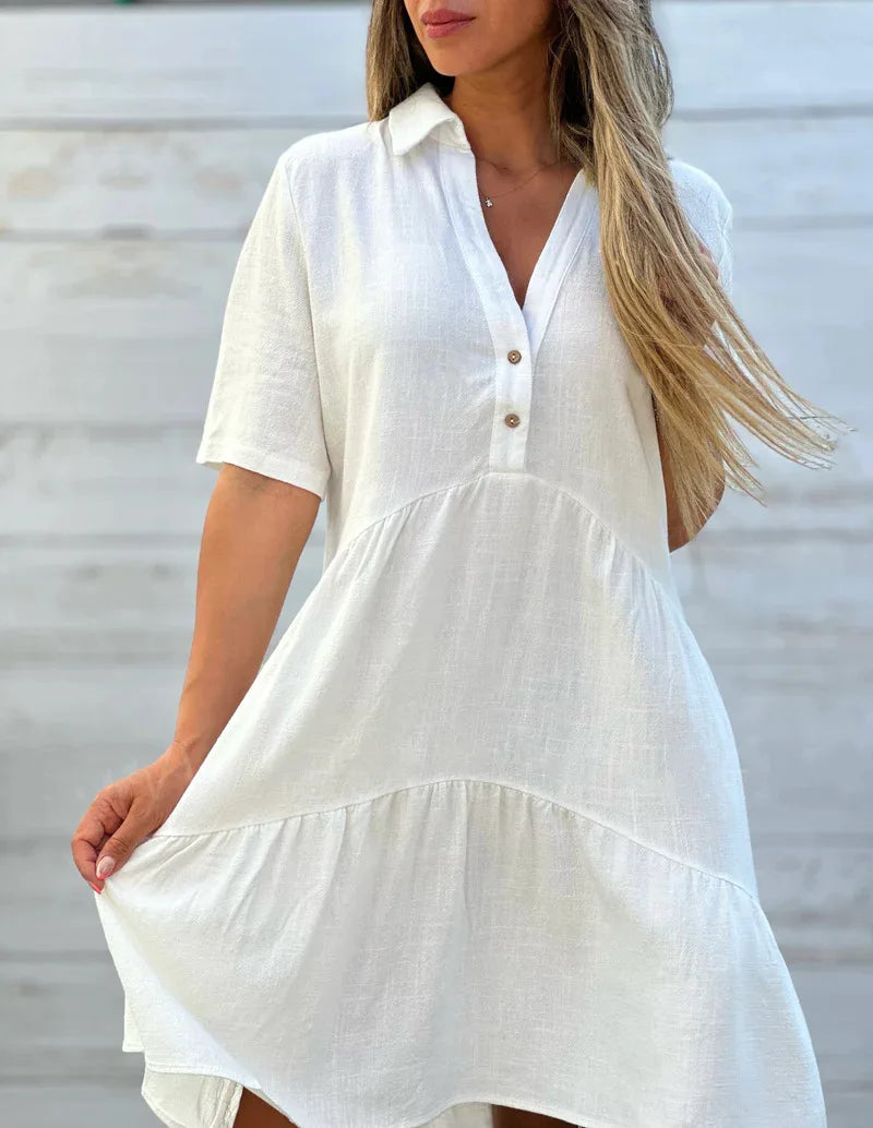 Loose Solid Casual Cotton And Linen Dress Women Summer Short Sleeve Ruffle Stitching Button Shirt Dress Women's Holiday Clothing GONZALES ONLINE SHOP