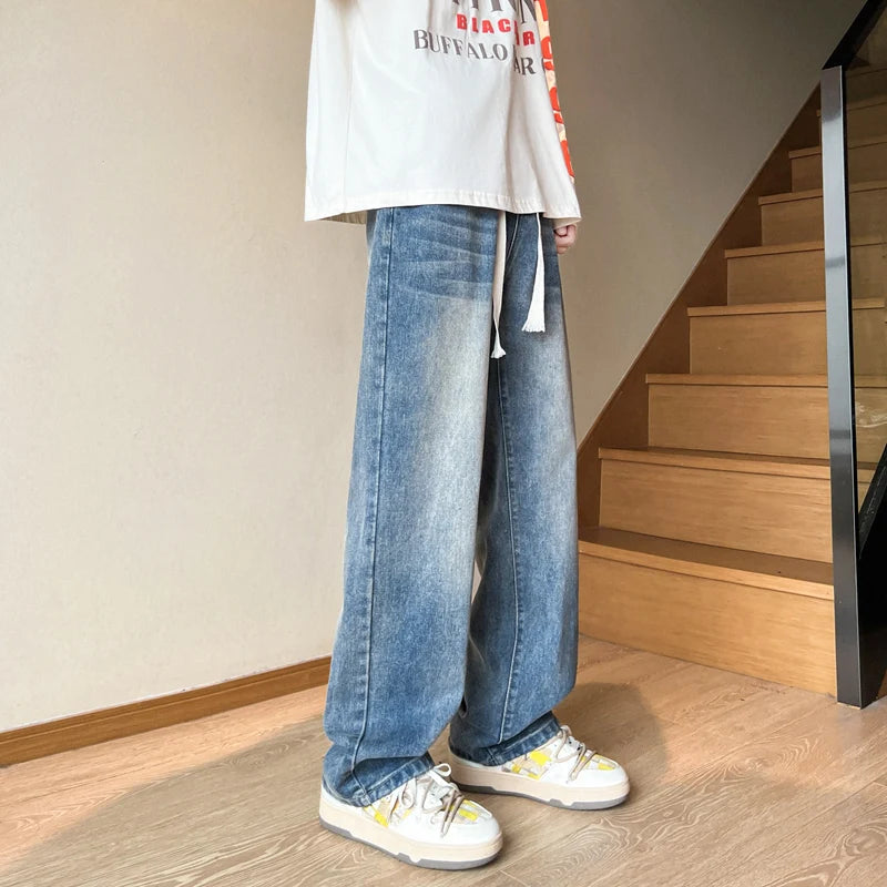 American retro drawstring jeans for men in spring and autumn fashion, washed with water, loose and versatile, men's denim pants GONZALES ONLINE SHOP