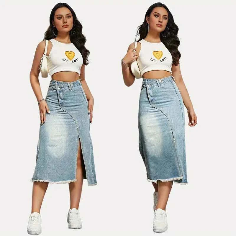DongCMY Luxury Fashion Spring And Summer New Retro Denim Skirt Women's Fashion Slit Splicing Mid-length A-line Skirt