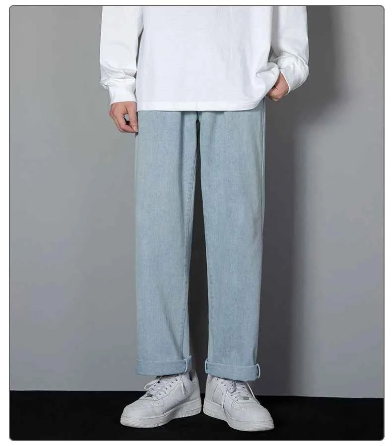 2026 New Korean Men's Casual Long Jeans Classic Man Straight Denim Wide-leg Pants Solid Color Light Blue Grey Black