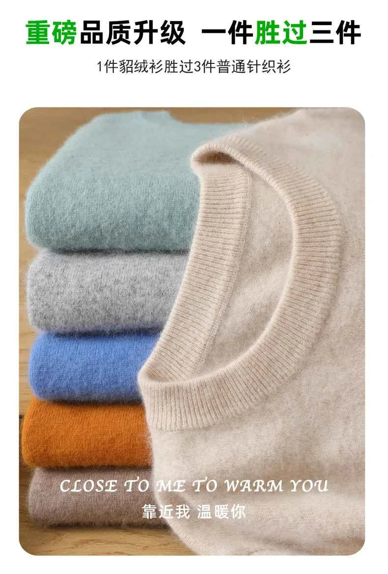 Men's 100% Pure Mink Cashmere Sweater O-Neck Pullovers Knit Sweater Autumn and Winter New Long Sleeve High-End Jumpers Mink Tops