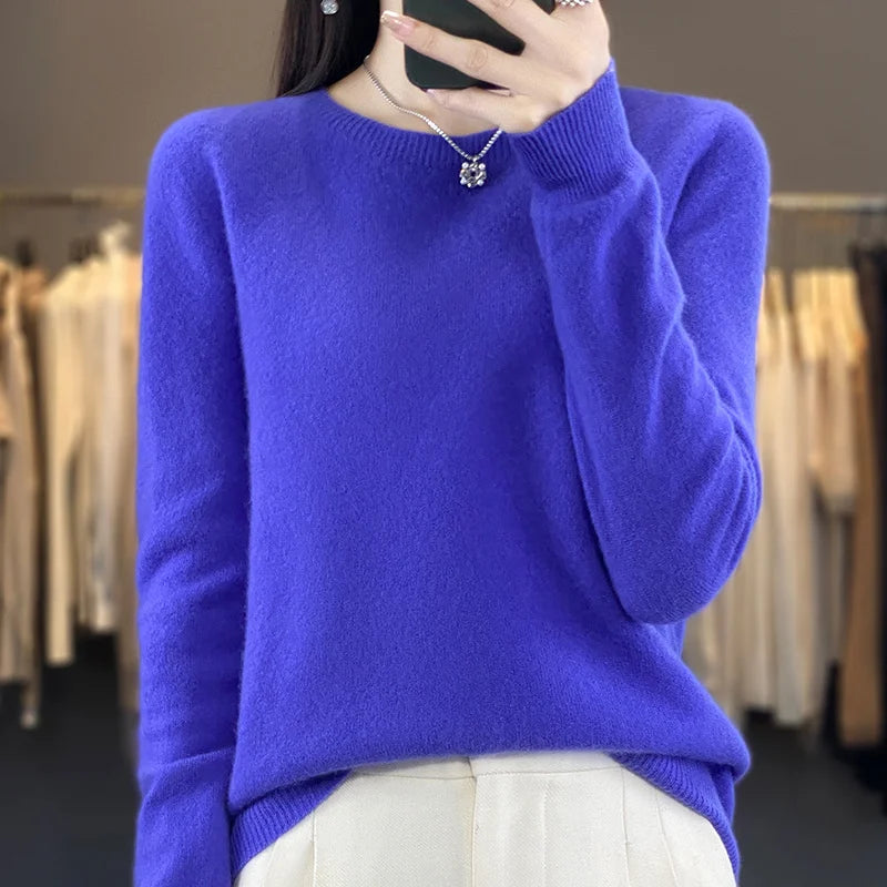 100% Merino Wool Sweater Women O-neck Cashmere Knitwear Female Pullover Autumn Winter Casual Tops Solid Color Soft Clothing GONZALES ONLINE SHOP