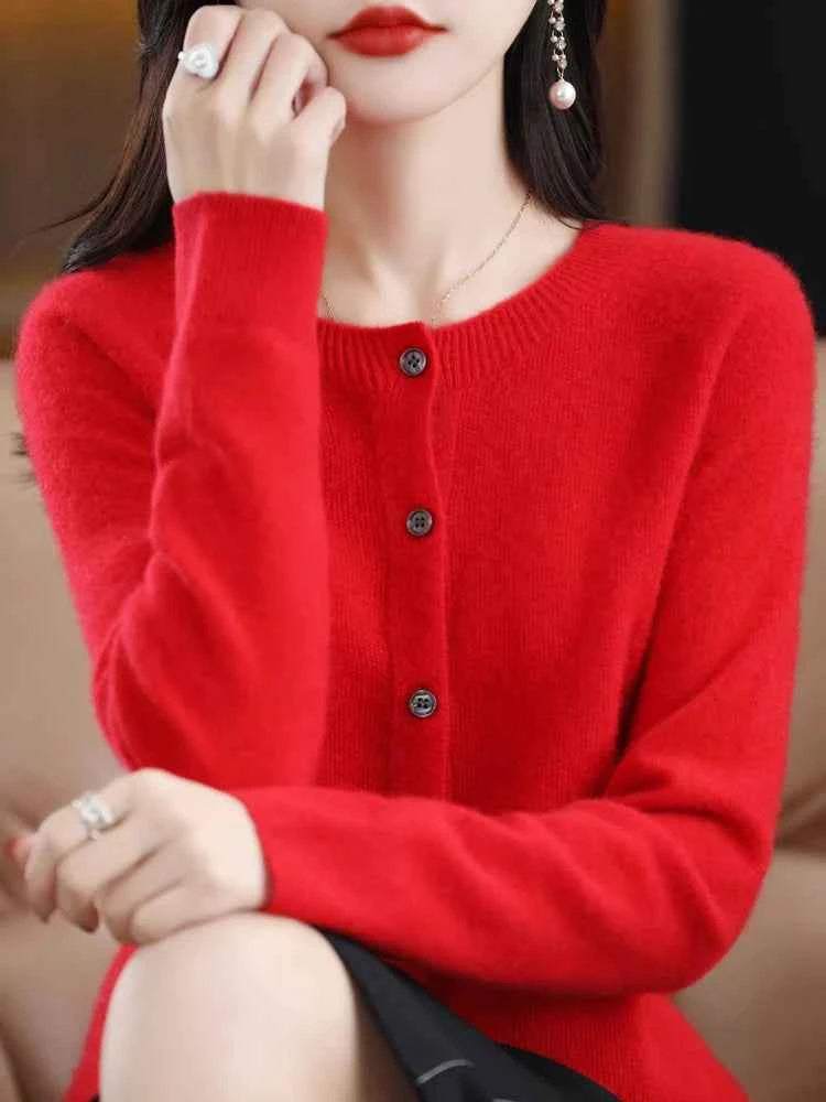 Women Cashmere Sweater 100% Merino Wool Knitted Cardigan Autumn Winter Knitwear O-Neck Female Solid Color Casual Fashion Top