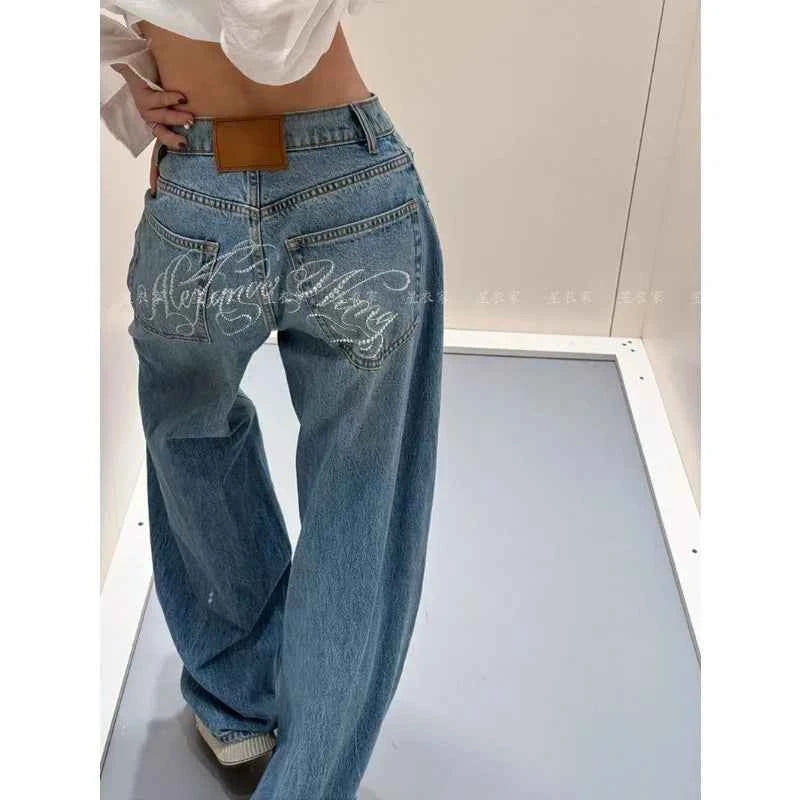 Loose Wide Leg Womens Jeans Casual Pants Trousers Vintage Retro Design American Style Chic Distressed Oversized Fashion