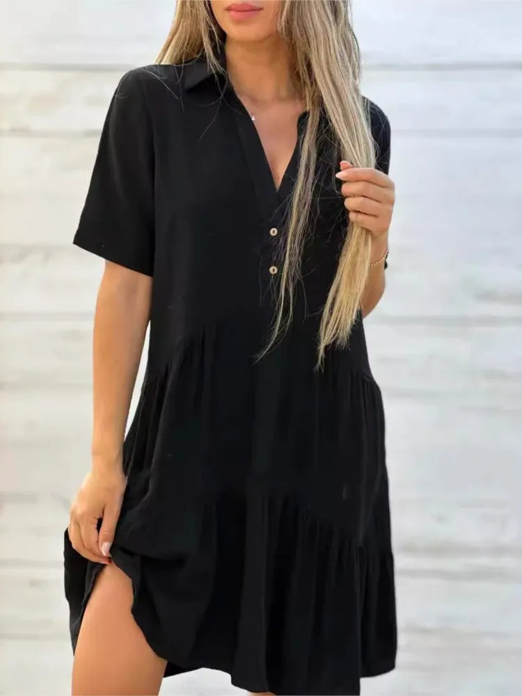 Loose Solid Casual Cotton And Linen Dress Women Summer Short Sleeve Ruffle Stitching Button Shirt Dress Women's Holiday Clothing GONZALES ONLINE SHOP