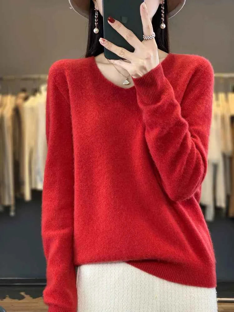 Fashion100% Merino Wool Sweater Cashmere Pullover Women Knitwear V-Neck Long Sleeve Autumn Winter Fashion Basic Clothing Tops