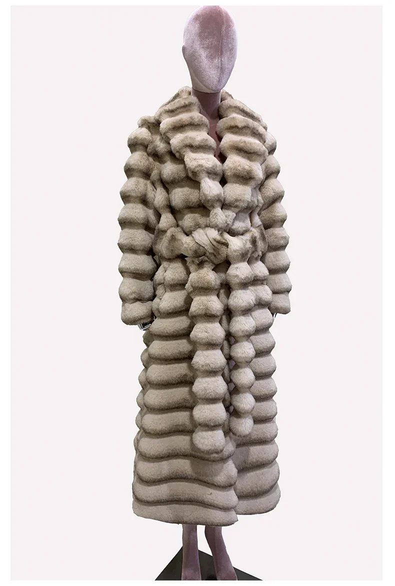 Nerazzurri Winter Long Striped Thick Warm Fluffy Faux Chinchilla Fur Coat Women Shawl Collar Elegant Chic Luxury Furry Overcoat - GONZALES ONLINE SHOP