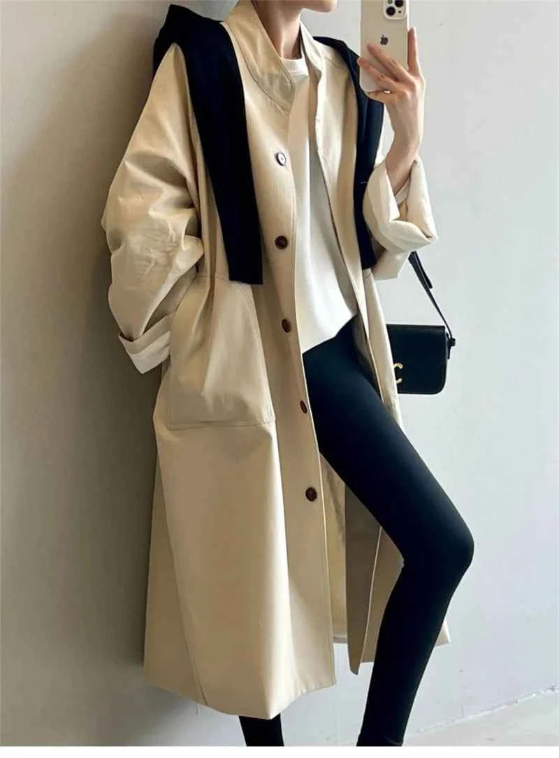 Lazy Loose Stand Up Collar Long Ttrench Coat For Women New Spring Autumn Casual British Style High-end Windbreaker Overcoat