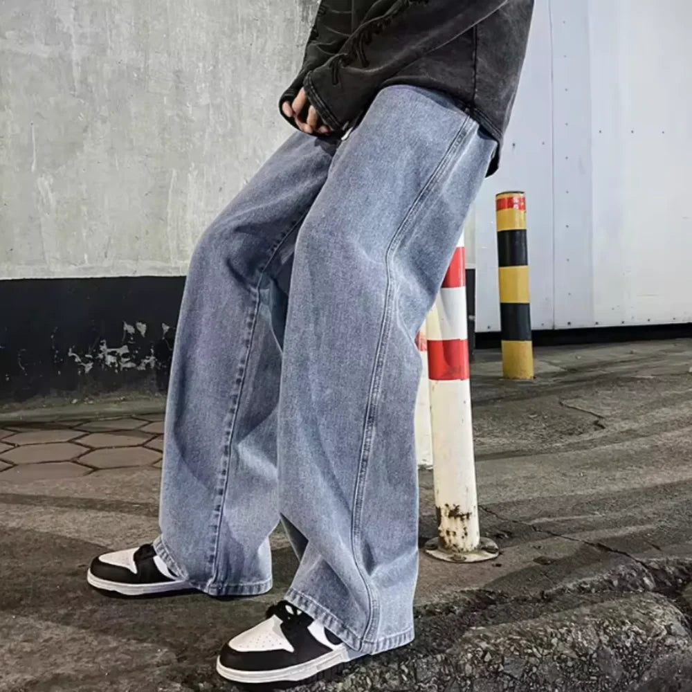 2025 New Streetwear Loose Jeans Men Korean Style Fashion Loose Straight Wide Leg Pants Men's Brand Clothing Black Light Blue 3XL